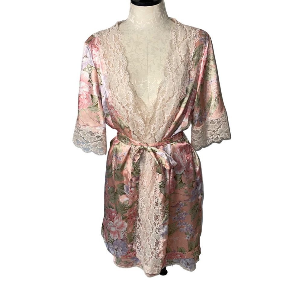 Wendy Ann Womens Peignoir Set Size Large Pink Floral Sleepwear Satin Lace USA